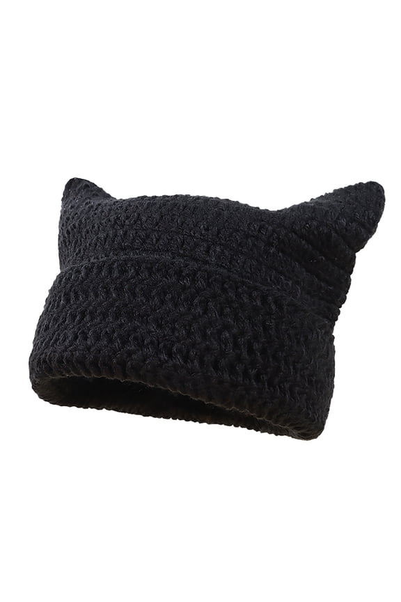 Women Winter Cat Ears Hat Soft Slouchy Striped Knitted Warm Earflap Cap Black One Size