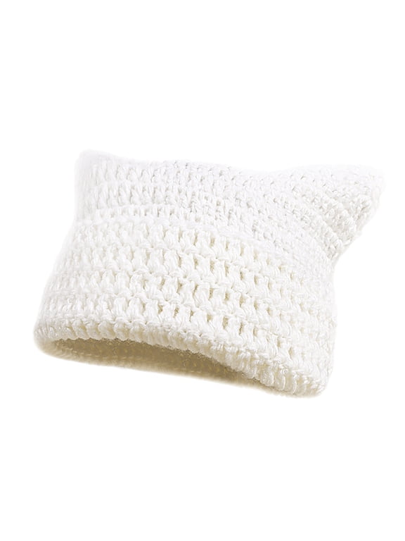 Women Winter Cat Ears Hat Soft Slouchy Striped Knitted Warm Earflap Cap White One Size