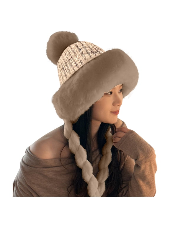 Women Winter Pompom Knit Earflap Hat Warm Outdoor Ski Cap Women Winter Beanie Hat Earflap Peruvian Warm Slouchy Lined 3 Pom Poms Knit Sherpa Soft Ski Hats Brown One Size