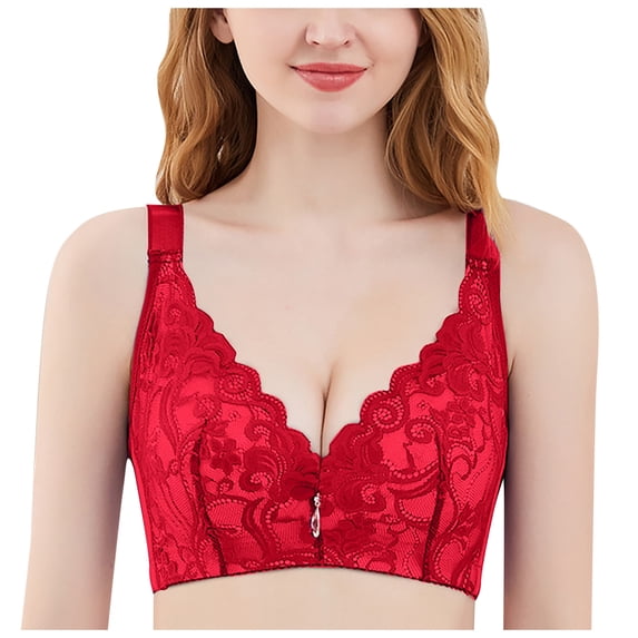 AJGRHE Women Wirefree Cotton Blend Bra Front Closure Underwire Free Bra Large Cup Support Comfort Thin Strap Back Design 42C Red