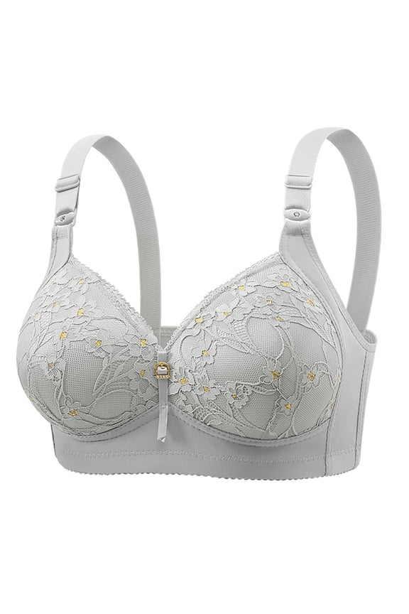 Women Wirefree Solid Bra Embroidered Lace Bra for Women Plus Size Elegant Gathered Side Design with Back Detail 44 Silver