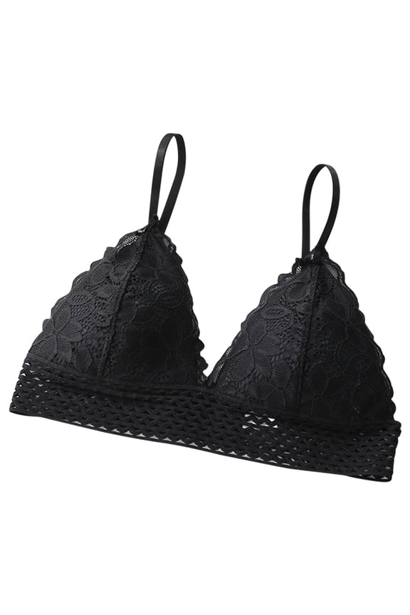 Women Wirefree Solid Bra Lace Triangle Cup Bralette Thin Comfort Wrap Front Design Wireless Soft Support Bra M Black