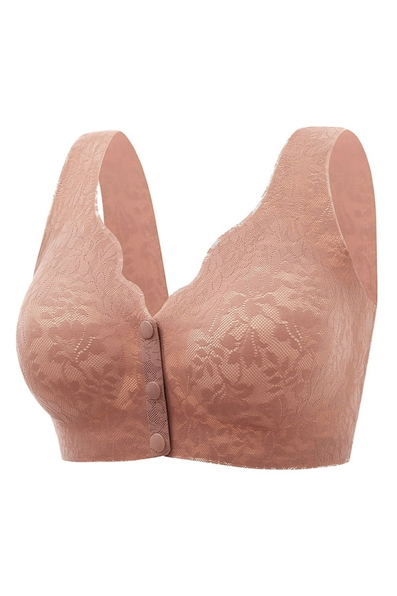 Women Wirefree Support Bra Front Open Button Up Comfortable Traceless Lace Plus Size Gathered Drop Bra for Support M Rose Gold