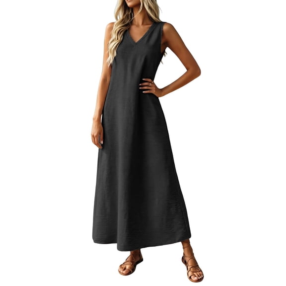 AJGRHE Women's 2026 Summer Maxi Sundress Sleeveless V Neck Casual Loose Beach Vacation Dress Elegant Back Midi Dress For Sleeveless Summer Casual Long Dress Black XL