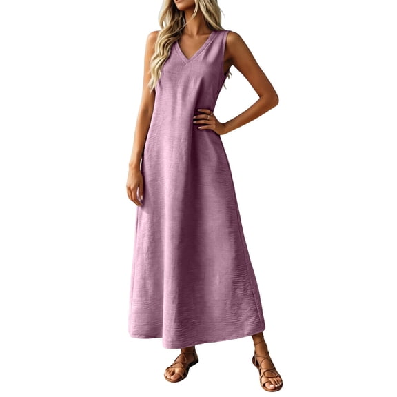 AJGRHE Women's 2026 Summer Maxi Sundress Sleeveless V Neck Casual Loose Beach Vacation Dress Elegant Back Midi Dress For Sleeveless Summer Casual Long Dress Light Purple S