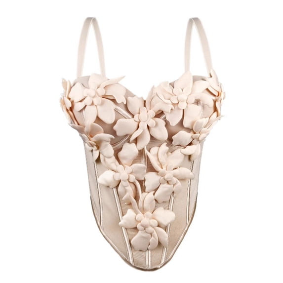 AJGRHE Women's 3D Flower Top Spaghetti Strap Boned Bustier Corset Top | Handmade 3D Floral Corset, Push Up Cup, Sleeveless Going Out Top for Halloween Party Wedding Nightclub Beige S