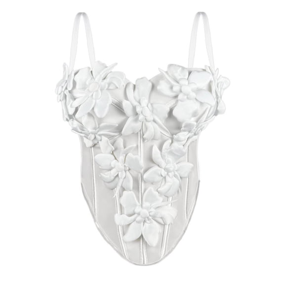AJGRHE Women's 3D Flower Top Spaghetti Strap Boned Bustier Corset Top | Handmade 3D Floral Corset, Push Up Cup, Sleeveless Going Out Top for Halloween Party Wedding Nightclub White S