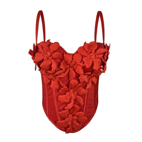 AJGRHE Women's 3D Flower Top Spaghetti Strap Boned Bustier Corset Top | Handmade 3D Floral Corset, Push Up Cup, Sleeveless Going Out Top for Halloween Party Wedding Nightclub Red XL