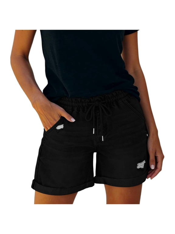Women's Casual Elastic High Waisted Jean Shorts Summer Ripped Cut Off Denim Shorts Vintage Cuffed Hem Mid Thigh Short Jeans Black L