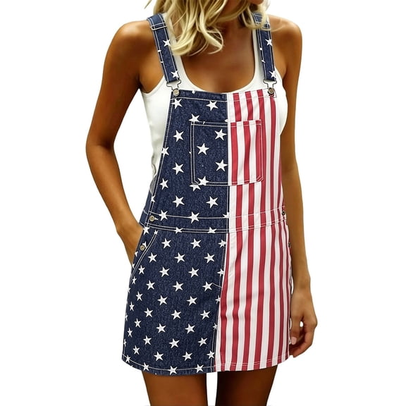 AJGRHE Women’s Casual Independence Day Flag Print Suspender Skirt, Sleeveless Overall Dress with Adjustable Straps Sky Blue XXXXXL