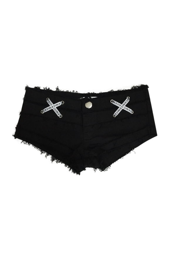 Women's Casual Low Waist Mini Denim Shorts Cowboy Woolen Fringe Tight Fitting Women's Nightclub Pole Dance Low Waist Short Pants European Hot Black L
