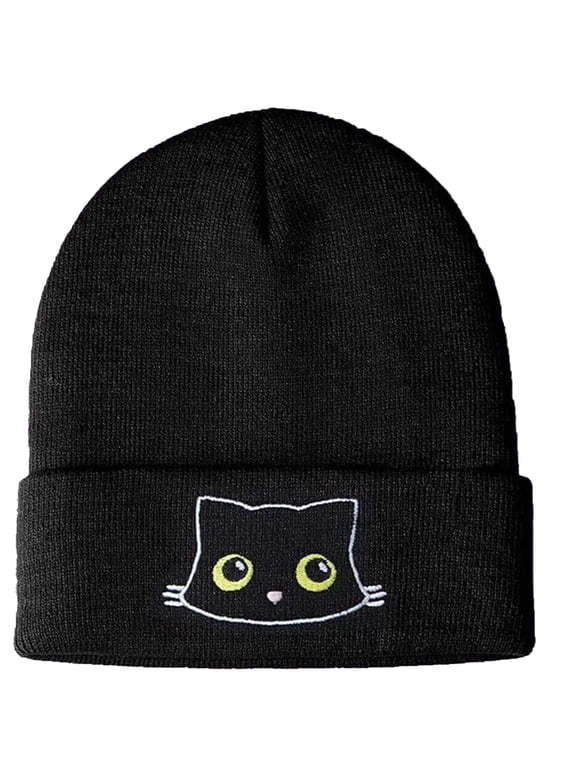 Womens Cat Cute Cat Lover Animal Knitted Hats Christmas Stocking Stuffers For Women Girls Black One Size