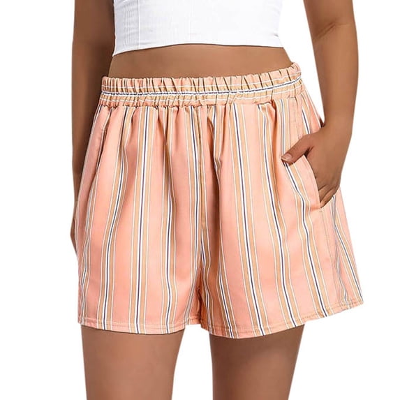 AJGRHE Women's Fashion Striped Casual Elastic Waist Pocket Shorts Orange L