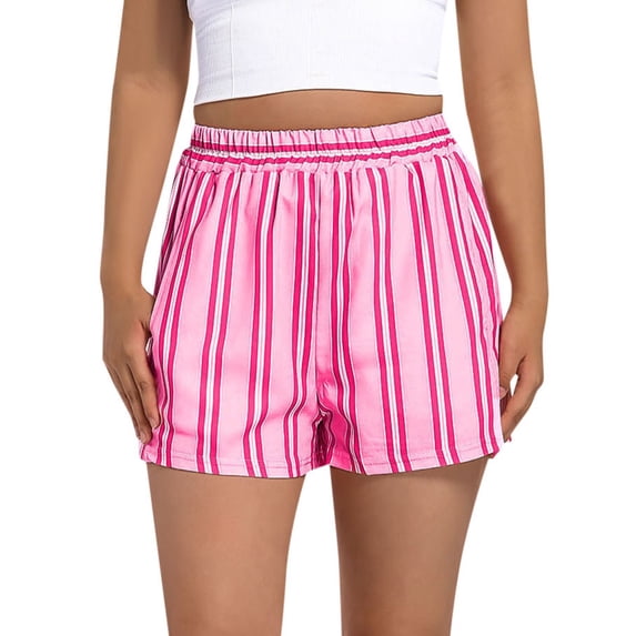 AJGRHE Women's Fashion Striped Casual Elastic Waist Pocket Shorts Red L