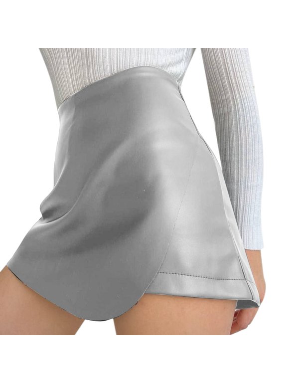 Women's Leather High Waisted Skorts Wrapped Pu Leather Shorts Women Casual Fashion High Waist Skirt Pants Shorts for Summer Streetwear Silver S