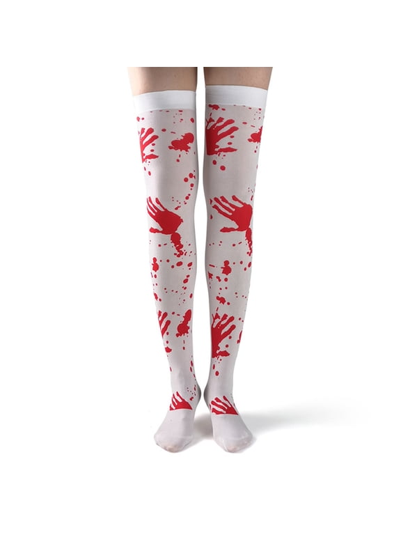 Women's Halloween Funny Long Tube Silk Socks Over Knee Skeleton Bone Printed High Stockings Pink One Size
