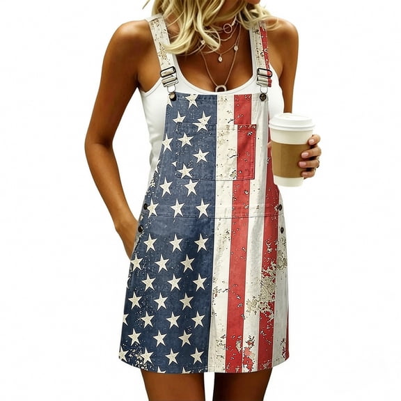 AJGRHE Women’s Independence Day Star and Stripe Suspender Skirt, Casual Patriotic Sleeveless Overall Dress for Summer Events Sky Blue XXXL