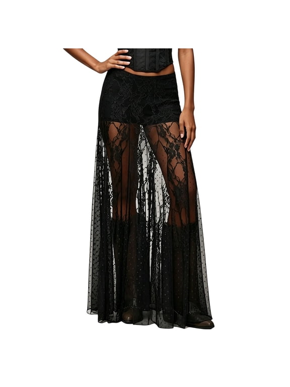 Women's Lace Sheer Maxi Skirt, High Waisted A-Line Flowy Skirt with Built-in Shorts Lace Sheer Skirt Plus Size Patchwork Flared A Line Mesh Long Skirt Black XL