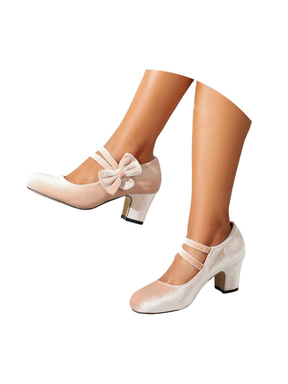 Women's Mary Jane Heels with Bow Retro Closed Round Toe Pumps Suede Chic Bowtie Vintage Sweet Office Dress Daily Shoes Beige 38
