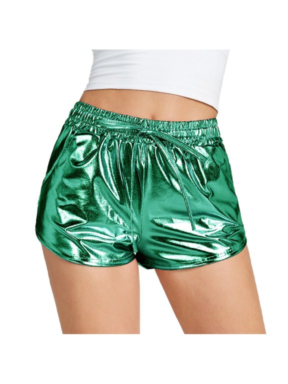 Women's Metallic Shorts Shiny Hotpants Colourful Sparkly Dance Shorts Shiny Yoga Shorts Outfit Booty Dance Pants High Waist Workout Activewear Green L