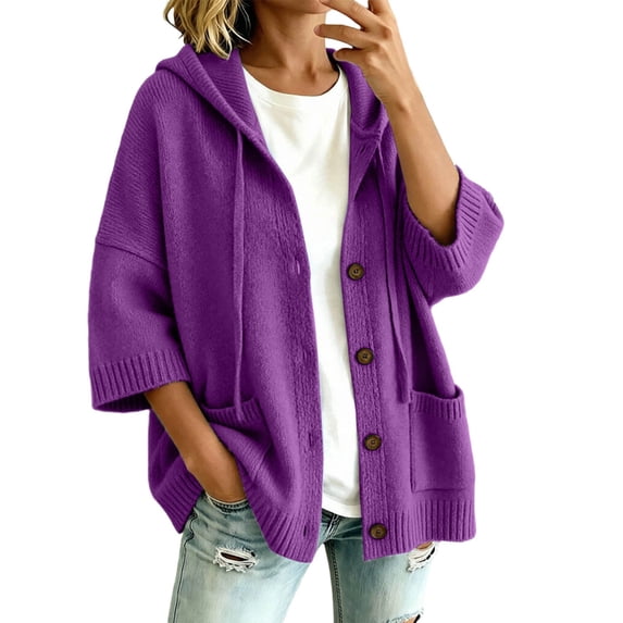 AJGRHE Women's Oversized Hooded Cardigan Sweater Lightweight V-Neck Button Down Long Sleeve Cozy Casual Knit Outfits Purple XL