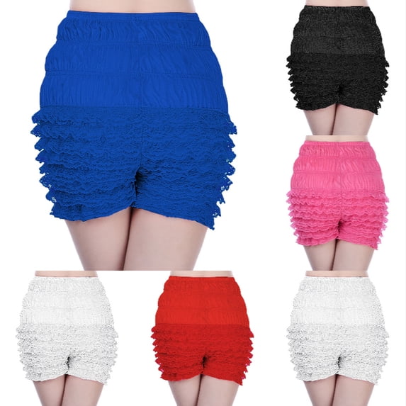 AJGRHE Women’s Ruffled Bloomers Shorts, Elastic Waist Lace Ruffle Layered Shorts, Vintage Bloomers for Festival Themed Party Dance Casual Blue L