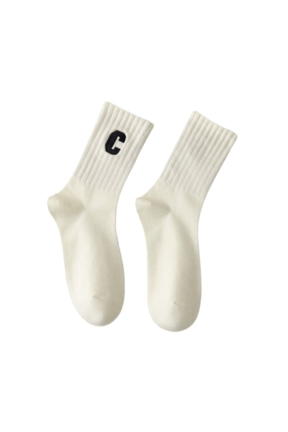Women’s Stockings Combed Embroidered Letter Big C College Style Sports Socks White One Size