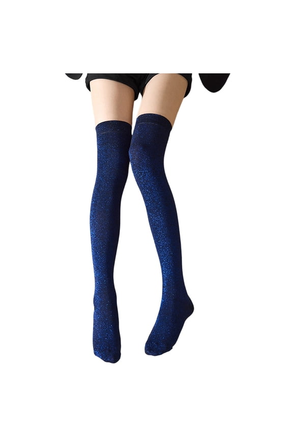 Women's Stockings Glittering Metallic Sheer Thigh High Stockings Sparkly Over Knee Socks Elegant Stretchable Legwear for Carnival Party Evening Dark Blue One Size