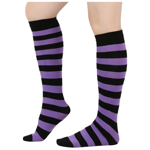 AJGRHE Women's Stockings Striped Calf Socks Performance Knee High Stockings Dark Purple One Size