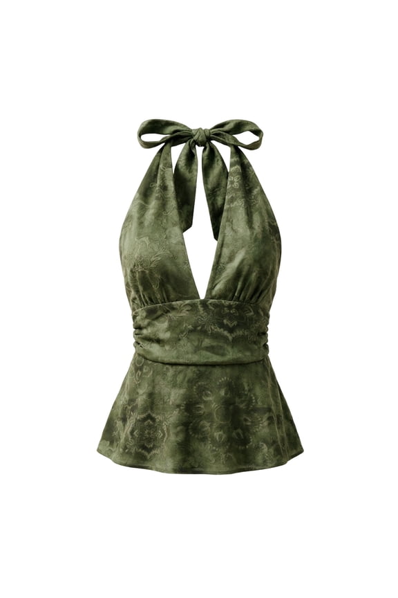Women's Tie Dye Halter Neck Draped Front Ruched Drawstring Backless Crop Top Sleeveless Wrap Neck Tie Back Ruffle Crop Top Slim Fit Stomach Control Summer Camisole Green L
