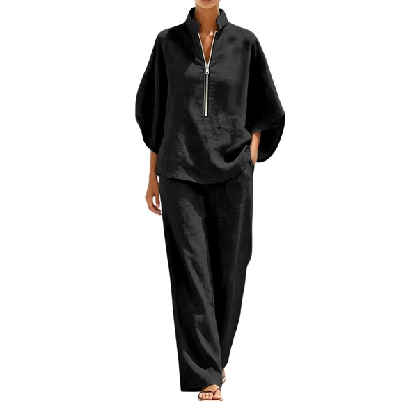 AJGRHE Women's Trousers Suit Casual Two Piece Outfit Long Sleeve Blouse And Trousers Summer Comfortable Business Travel Ensemble Black XXL
