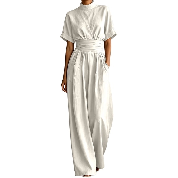 AJGRHE Women's Wide Leg Jumpsuits Summer Half Turtleneck Short Sleeve Wide Leg Jumpsuit Casual Solid Loose Long Pants Fashionable Piece White M