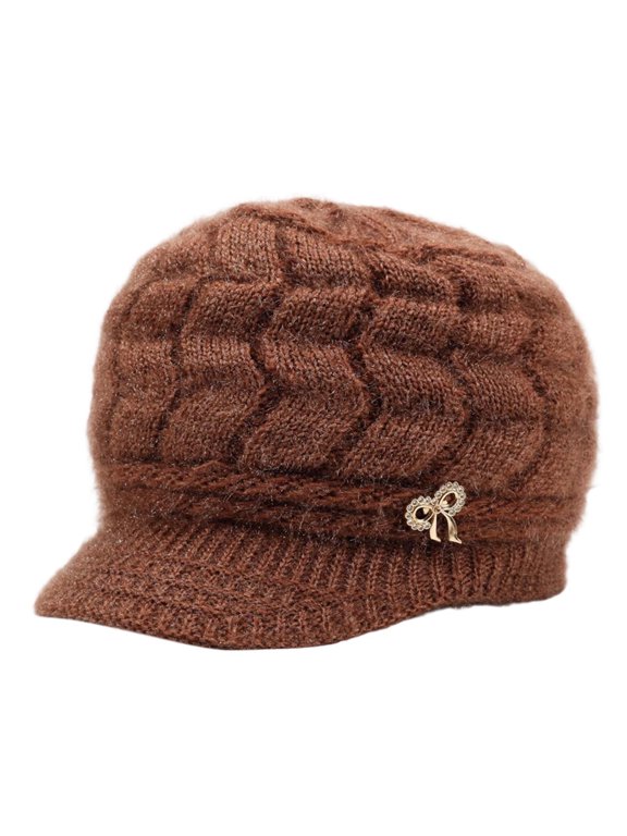 Women’s Winter Knit Hat with Visor Thick Warm Beanie Hat Plush Lined Snow Ski Outdoor Cap Crochet Newsboy Cap Coffee One Size