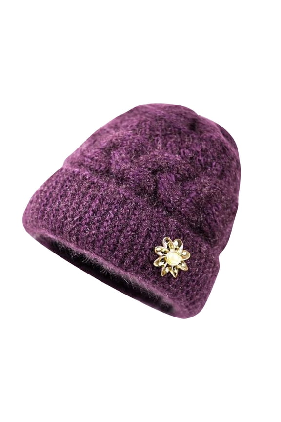 Women's Winter Warm Knitted Hat with Exquisite Floral Design Thickened Woolen Earflap Cap Purple One Size