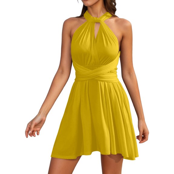 AJGRHE Women's Wrap Neck Bow Sleevelss Ruched Waist Backless Party Flowy Mini Dress with Side Pocket Yellow XL