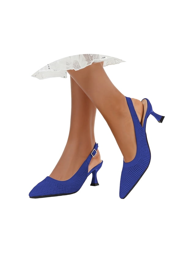 Womens Adjustable Slingback Heels, Pointed Toe Mid-Low Heel, Cute Knitted Slip On Work Pumps Dress Shoes Blue 38