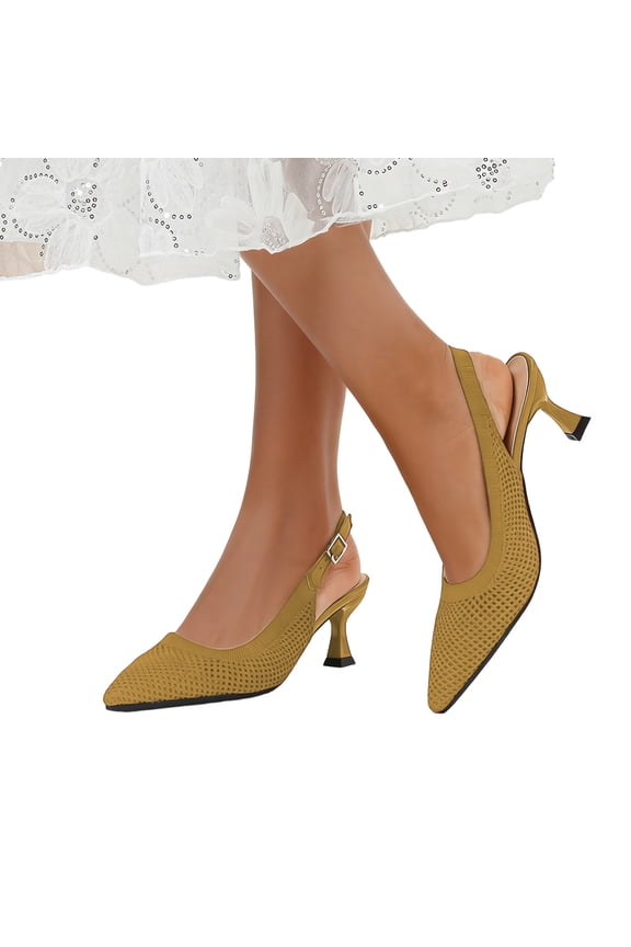 Womens Adjustable Slingback Heels, Pointed Toe Mid-Low Heel, Cute Knitted Slip On Work Pumps Dress Shoes Gold 35