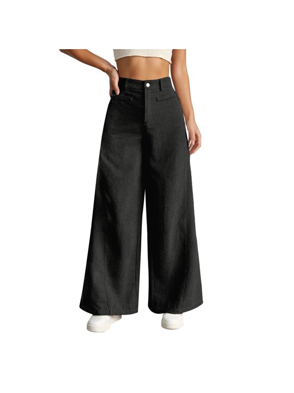 Womens Button Down Straight Long Trousers High Waist Wide Leg Casual Trousers For Women Soft Palazzo Pants With Pockets Comfortable Fall Winter Daily Wear Black S