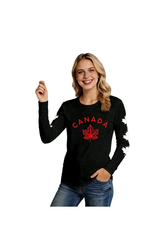 Womens Canada Shirt Canada Day Flag Tshirt Maple Leaf Long Sleeve Tee Tops Casual Long Sleeve T Shirts Loose Fit Fashion Tee For Everyday Wear Black XXL