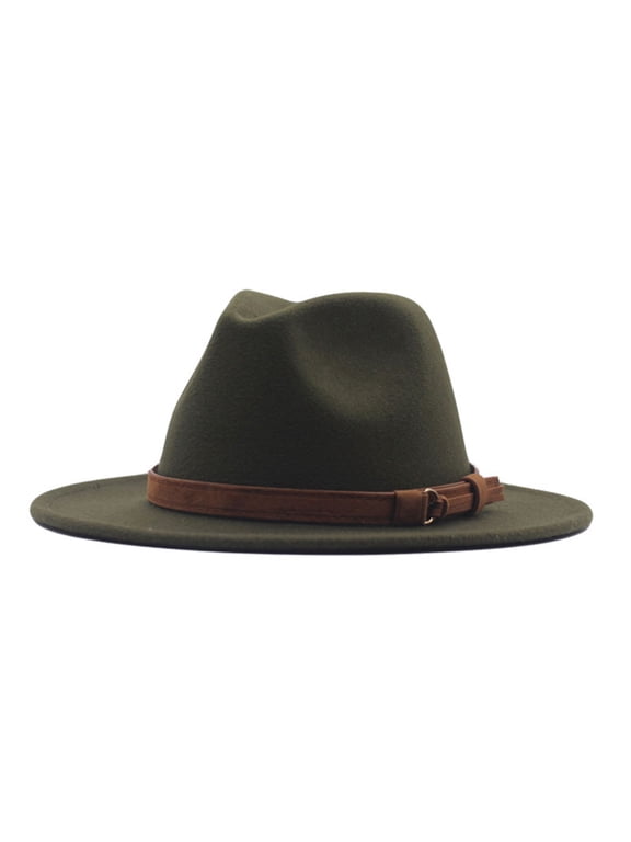 Womens Classic Wide Floppy Panama Hat Belt Buckle Wool Fedora Hat Army Green One Size