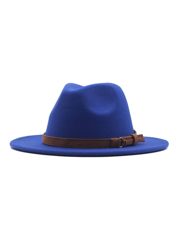 Womens Classic Wide Floppy Panama Hat Belt Buckle Wool Fedora Hat Blue One Size