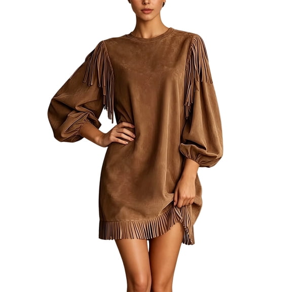 AJGRHE Womens Suede Fringe Mockneck Dress - Long Sleeve Loose Vintage Western Mini Dress with Pockets for Fall Winter Party Coffee S