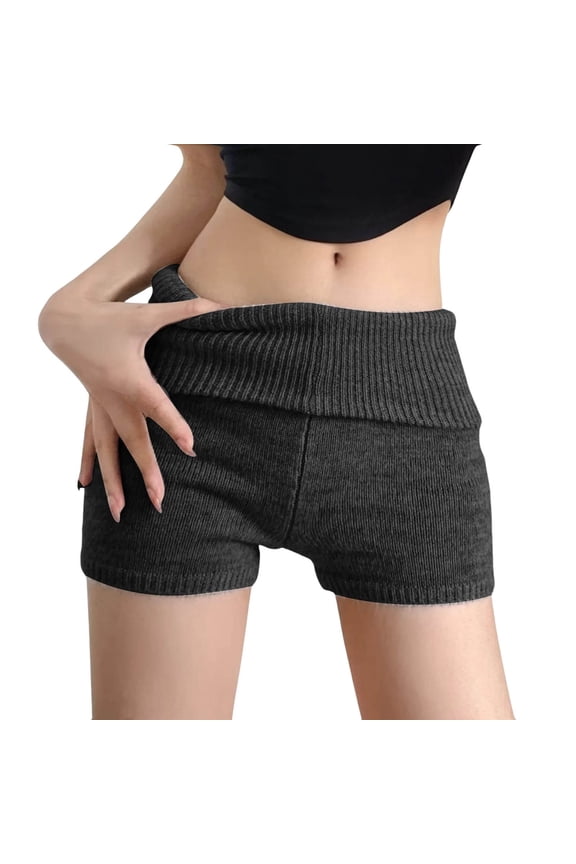Womens Fold Over Shorts Elastic Waist Y2k Lounge Shorts Foldover Cute Pajama Micro Bottoms Mini Shorts Sleepwear Black S