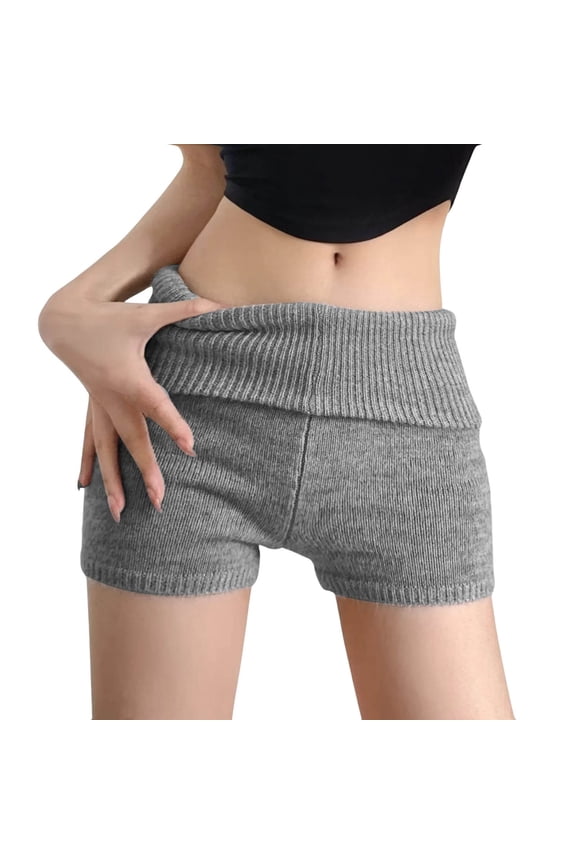 Womens Fold Over Shorts Elastic Waist Y2k Lounge Shorts Foldover Cute Pajama Micro Bottoms Mini Shorts Sleepwear Light Gray M