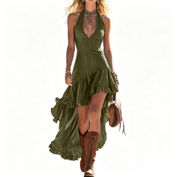 AJGRHE Womens Linen Halter Neck Dress, Tie Back Straps High Low Ruffle Hem Western Style Casual Daily Wear Green S
