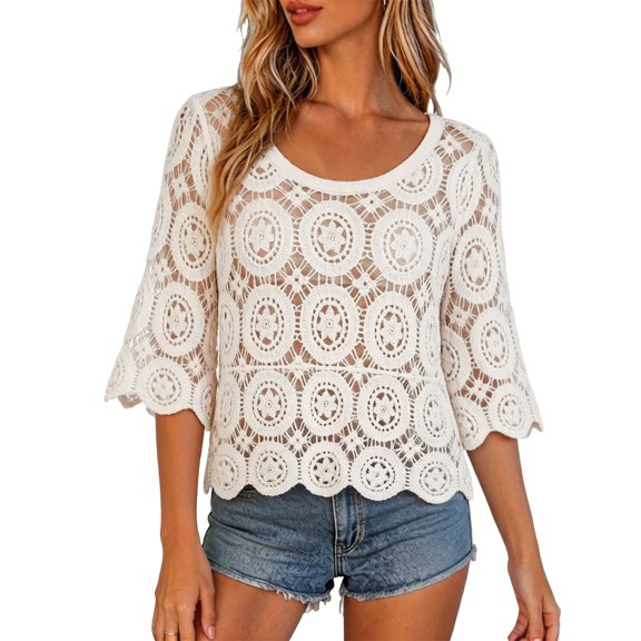 AJGRHE Womens Loose Fit Crochet Layering Top, Open Knit Scalloped Edge Beach Daily Cover Up Beige3 One Size