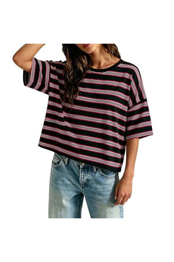 Womens Oversized Striped T-Shirts Summer Casual Color Block Short Sleeve Tops Drop Shoulder Boxy Tees Black L
