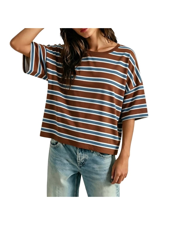 Womens Oversized Striped T-Shirts Summer Casual Color Block Short Sleeve Tops Drop Shoulder Boxy Tees Coffee S
