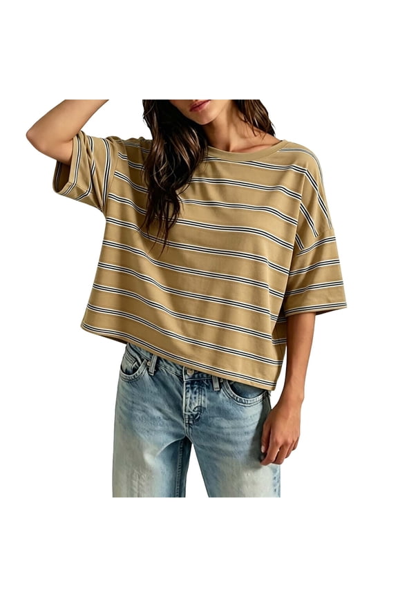 Womens Oversized Striped T-Shirts Summer Casual Color Block Short Sleeve Tops Drop Shoulder Boxy Tees Khaki S