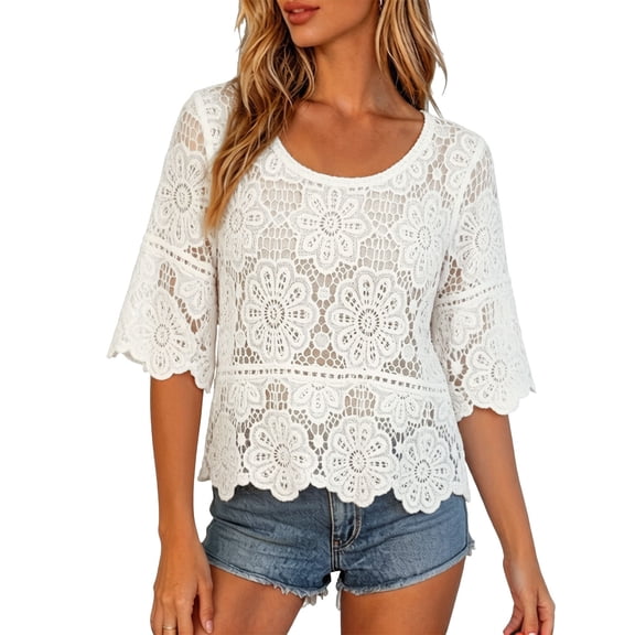 AJGRHE Womens Short Sleeve Crochet Cover Up, Open Knit Scalloped Edge Loose Fit Daily Casual Wear Beige6 One Size